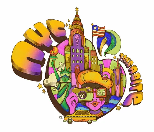 Colorful 1960s NYC travel illustration with Statue of Liberty by Laura Greenan