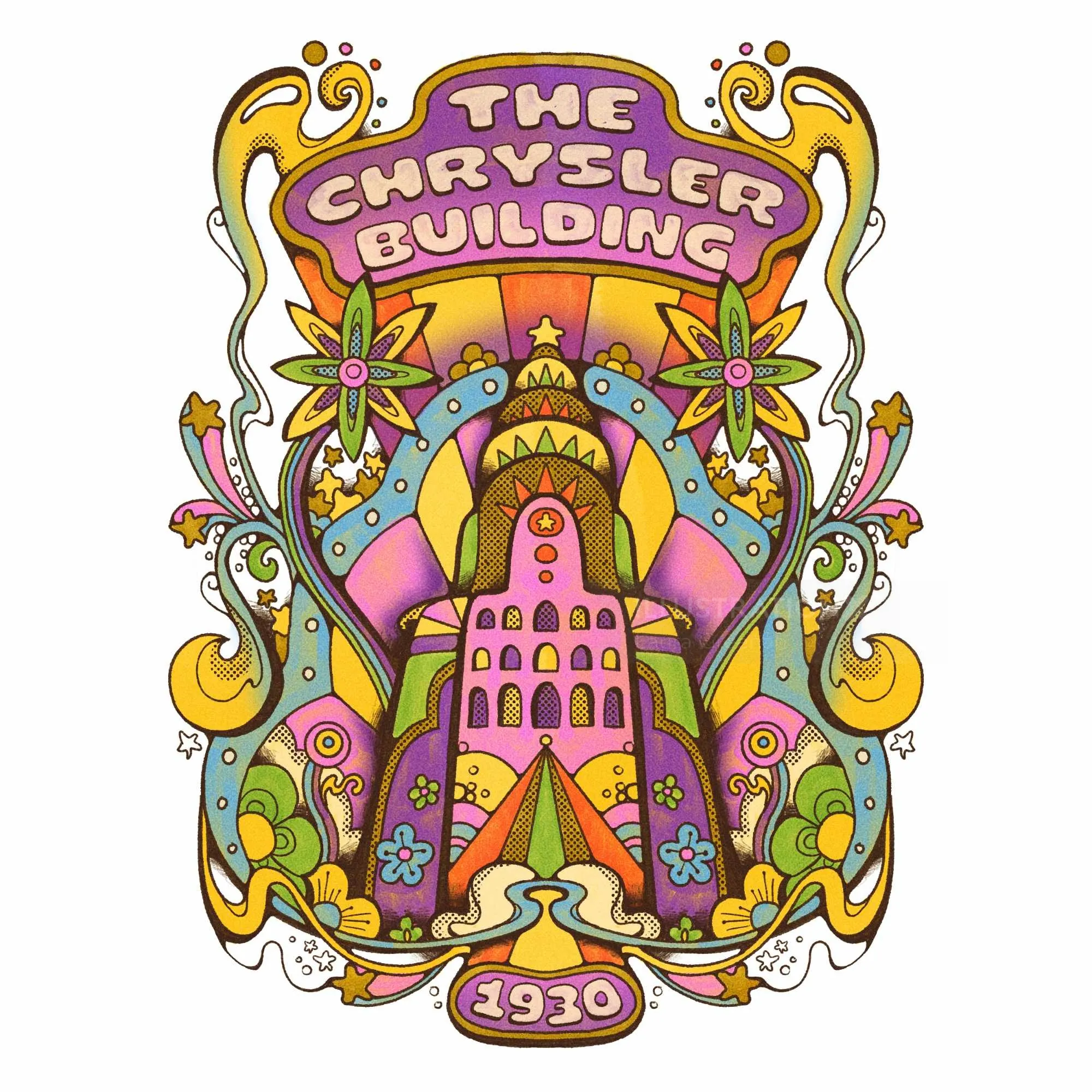 Illustration des Chrysler Buildings im psychedelischen Stil der 1960er Jahre von Laura Greenan