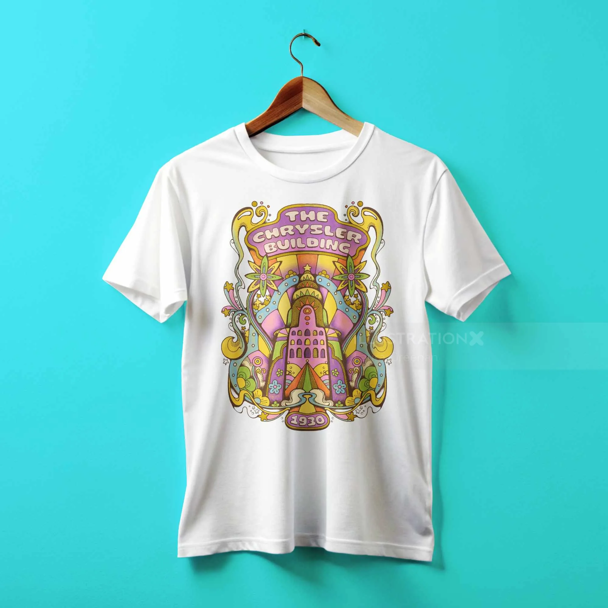 T-Shirt mit farbenfrohem Chrysler Building-Design im Stil der 1970er Jahre von Laura Greenan
