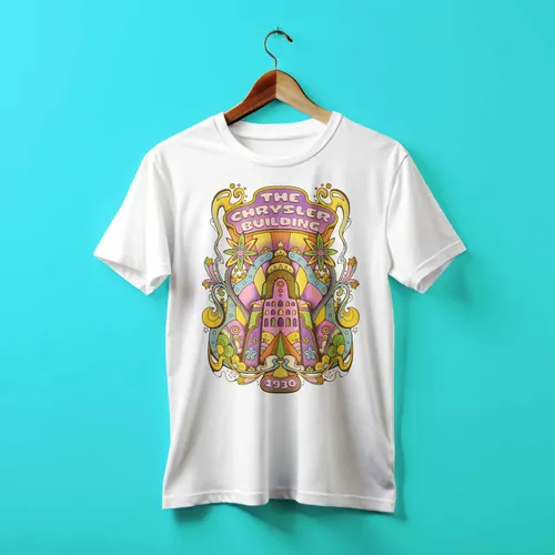 T-shirt with colorful 1970s style Chrysler Building design by Laura Greenan