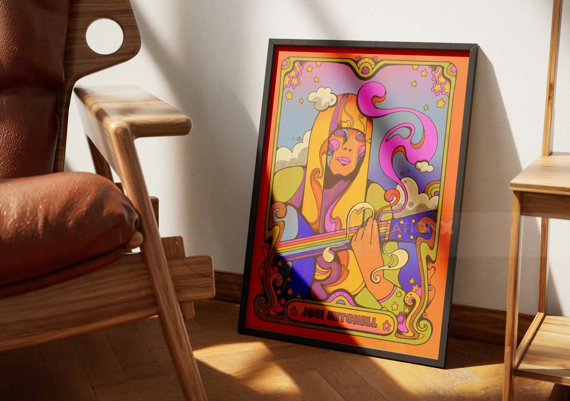 Psychedelisches Porträt einer Musikikone mit Gitarre aus den 1960er Jahren von Laura Greenan