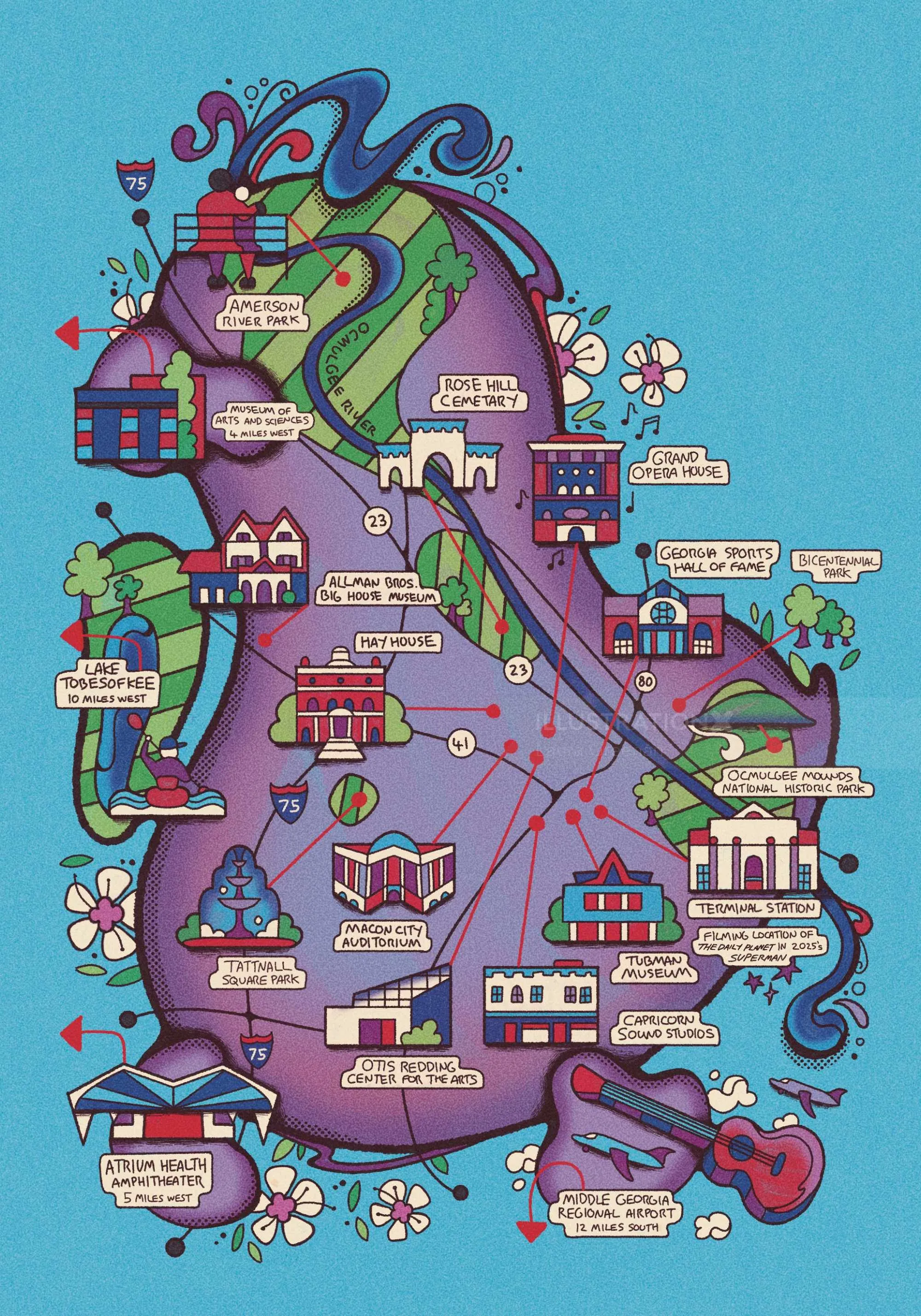Colorful illustrated map of Macon Georgia landmarks by Laura Greenan