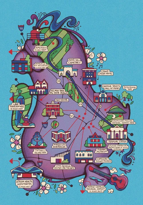 Colorful illustrated map of Macon Georgia landmarks by Laura Greenan