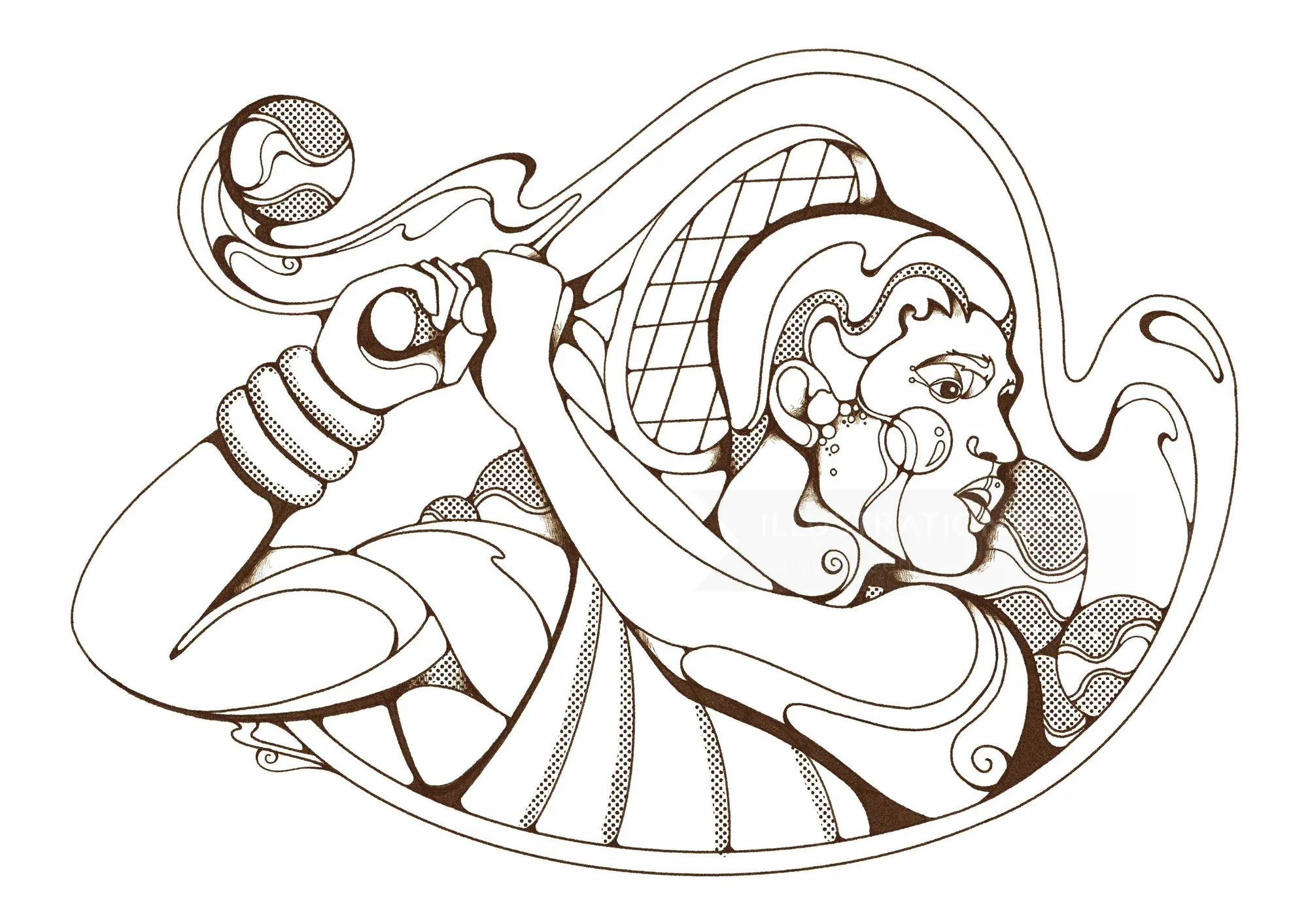 Black and white drawing of a female tennis player with ball and racket by Laura Greenan