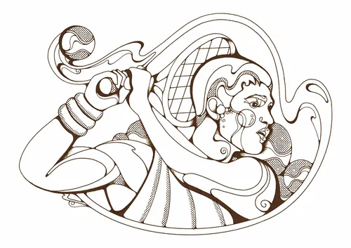 Black and white drawing of a female tennis player with ball and racket by Laura Greenan