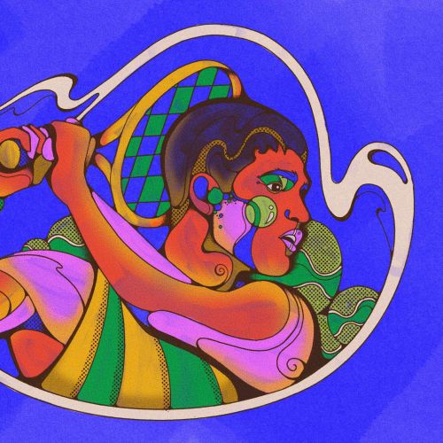 Colorful psychedelic illustration of tennis star Carlos Alcaraz by Laura Greenan