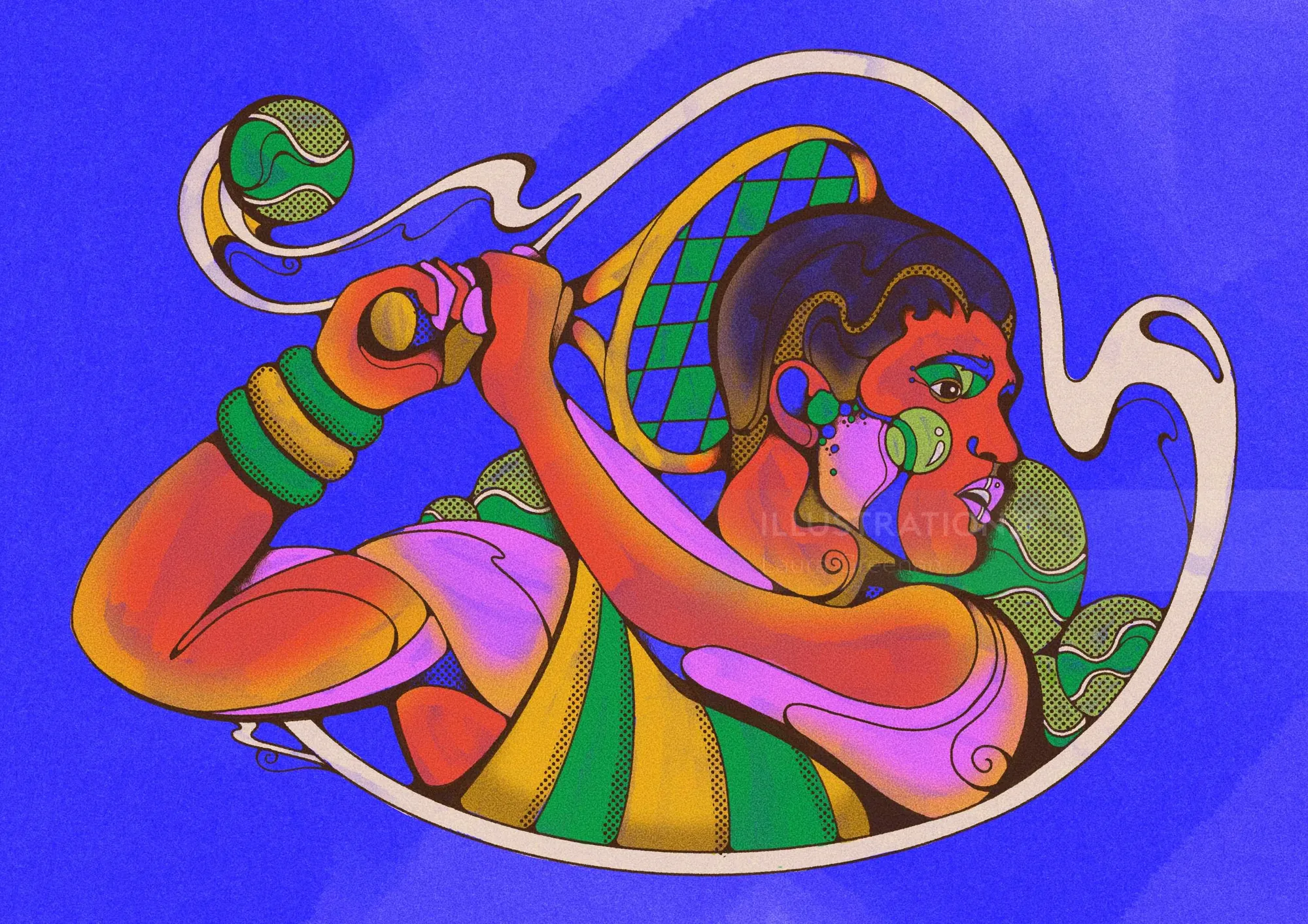 Colorful psychedelic illustration of tennis star Carlos Alcaraz by Laura Greenan