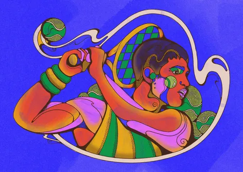 Colorful psychedelic illustration of tennis star Carlos Alcaraz by Laura Greenan