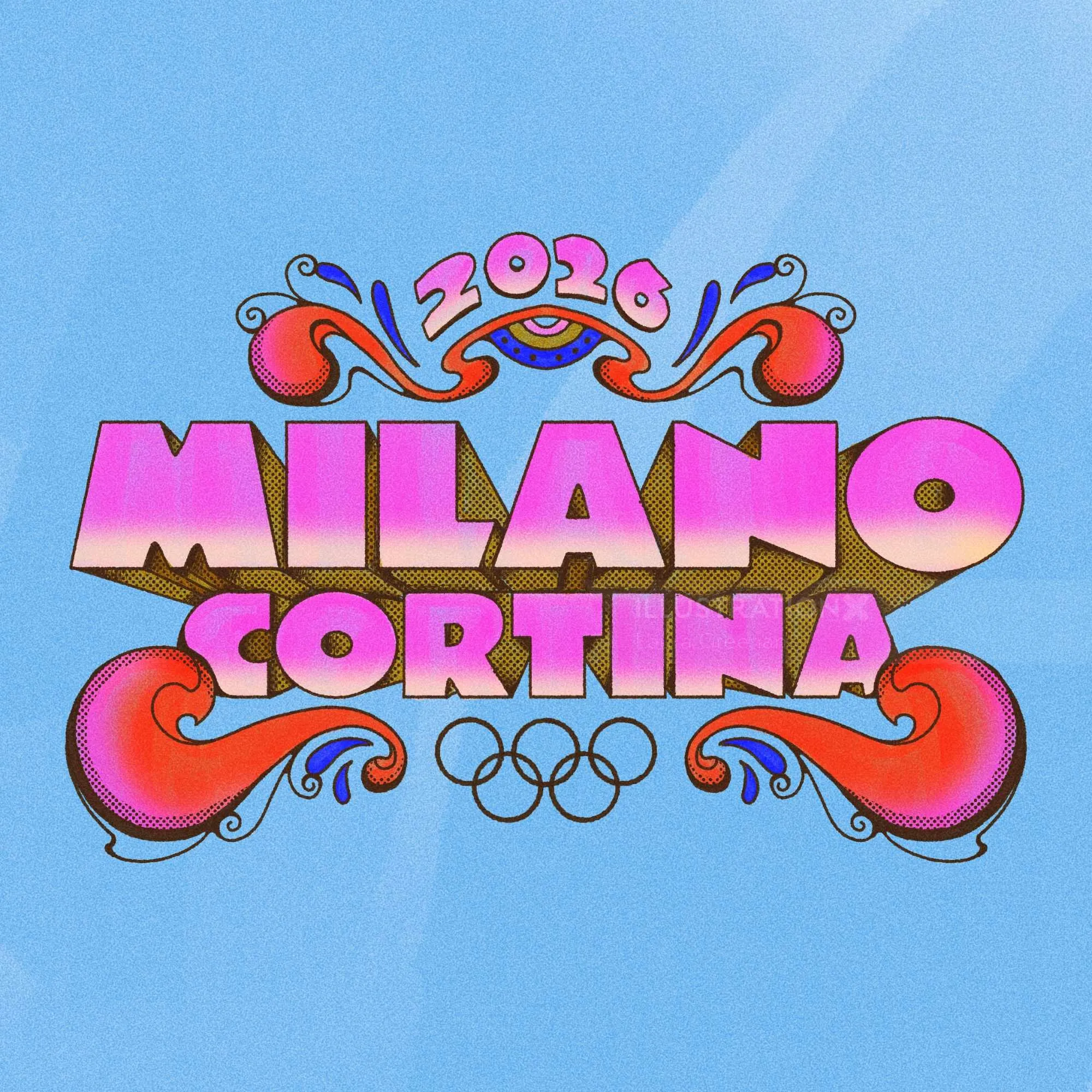 Logotipo dos Jogos Olímpicos de Inverno de Milão-Cortina 2026 com estilo psicodélico dos anos 1960 por Laura Greenan