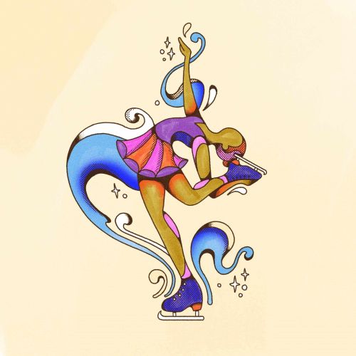 Colorful female ice skater twirling with swirling shapes and stars by Laura Greenan