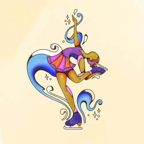 Colorful female ice skater twirling with swirling shapes and stars by Laura Greenan
