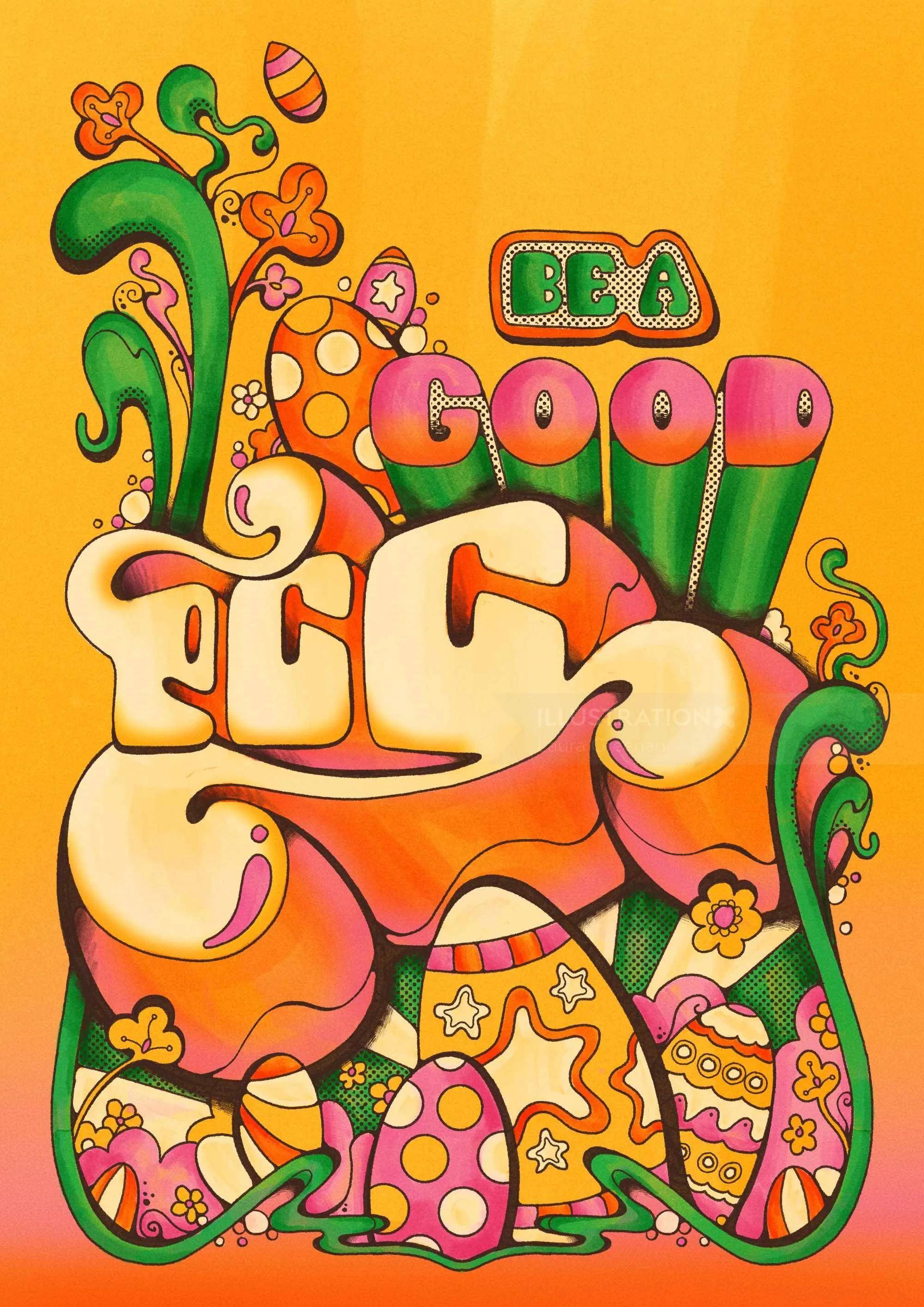 Colorful hand-drawn Easter typography with eggs and floral designs by Laura Greenan