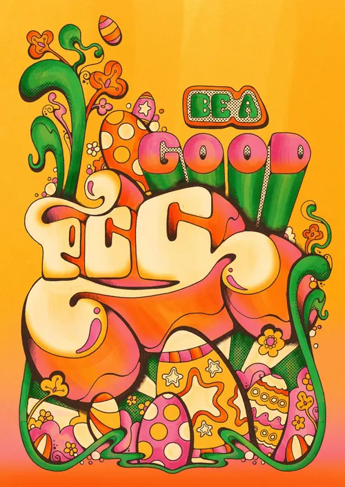 Colorful hand-drawn Easter typography with eggs and floral designs by Laura Greenan