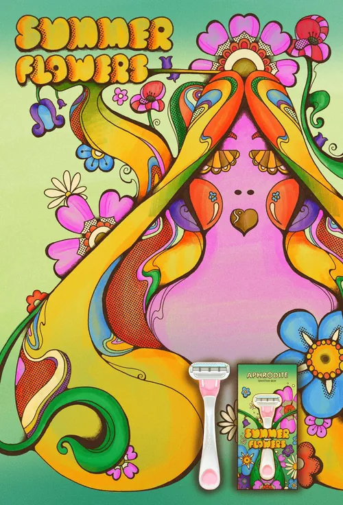 Psychedelic 1960s style summer flowers razor ad by Laura Greenan