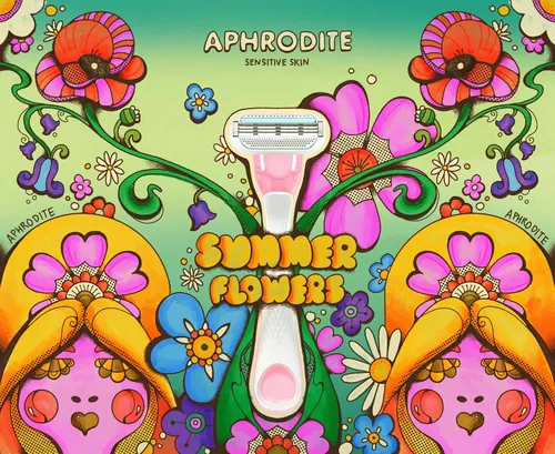Psychedelic floral razor packaging artwork by Laura Greenan
