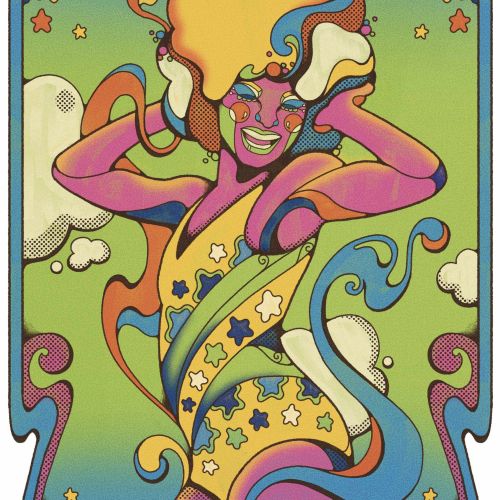 Psychedelic laughing woman with stars and swirls in colorful jumpsuit by Laura Greenan