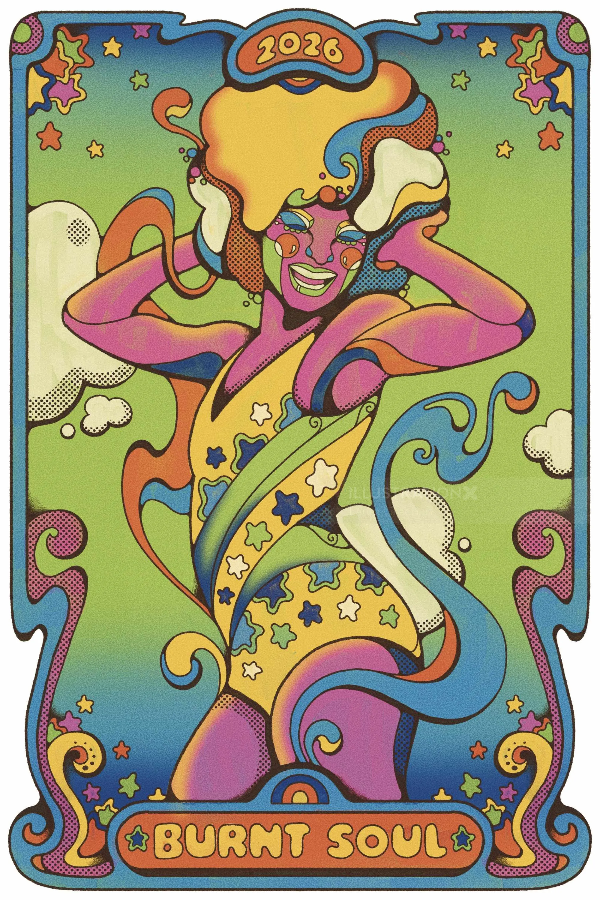 Mulher psicodélica sorridente com estrelas e espirais em macacão colorido por Laura Greenan