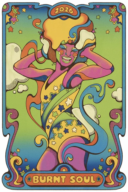 Psychedelic laughing woman with stars and swirls in colorful jumpsuit by Laura Greenan
