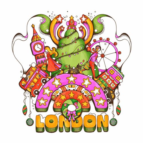 Colorful 1960s style Christmas London illustration by Laura Greenan
