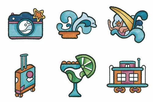 Icônes de voyage rétro par Laura Greenan, comprenant un appareil photo, un signe de la main, un cocktail, une valise et un motel