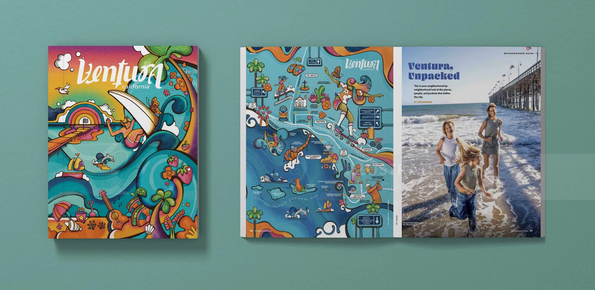 Illustration Laura Greenan représentant des surfeurs, un skateur, des vagues et un coucher de soleil coloré à Ventura.