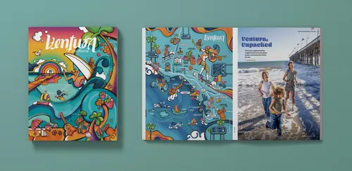 Illustration Laura Greenan représentant des surfeurs, un skateur, des vagues et un coucher de soleil coloré à Ventura.