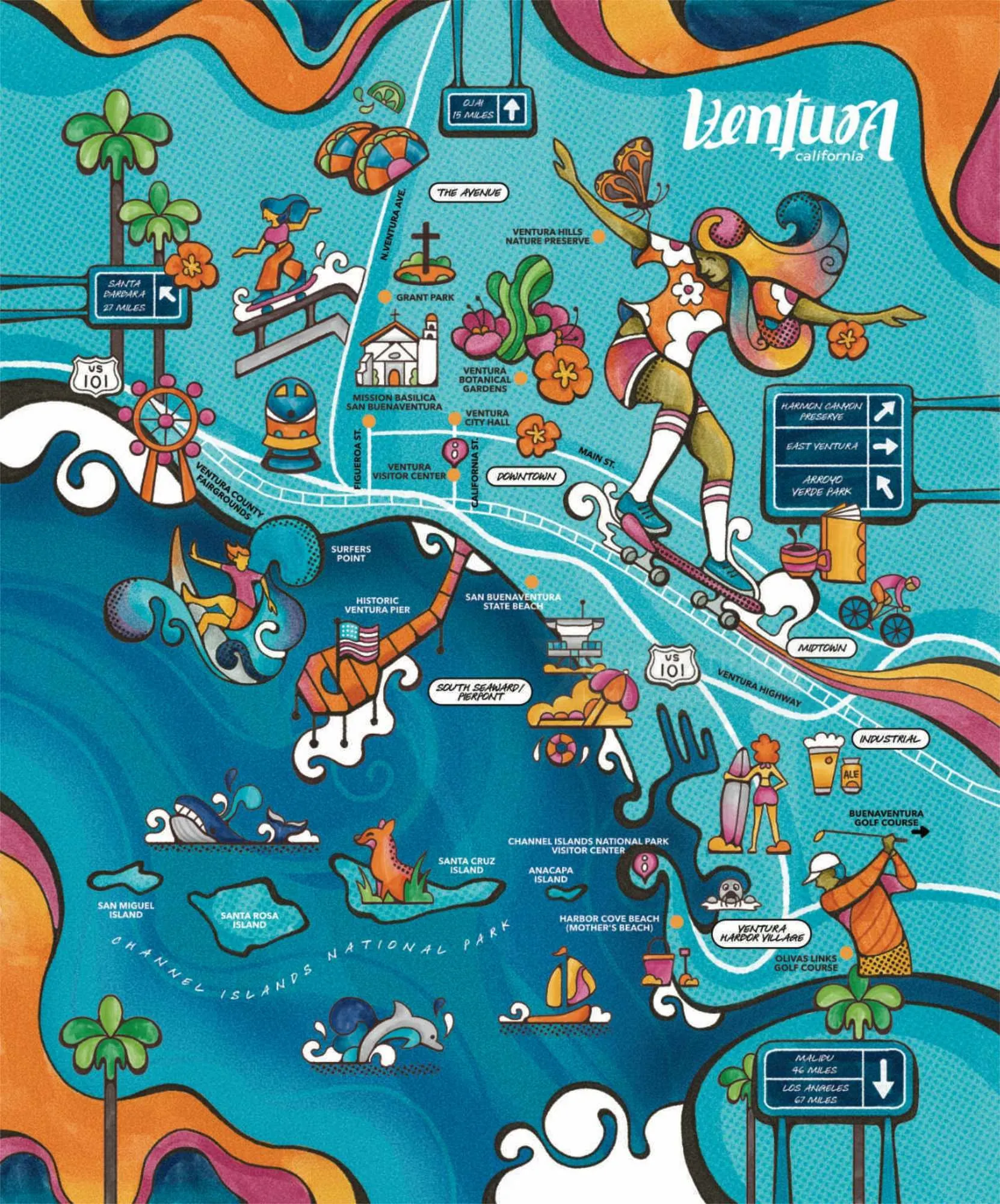 Carte touristique illustrée de Ventura, Californie, par Laura Greenan