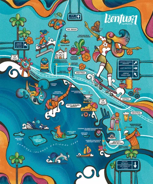 Carte touristique illustrée de Ventura, Californie, par Laura Greenan