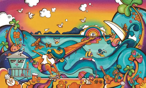 Illustration colorée et rétro d'une scène de surf à Ventura par Laura Greenan