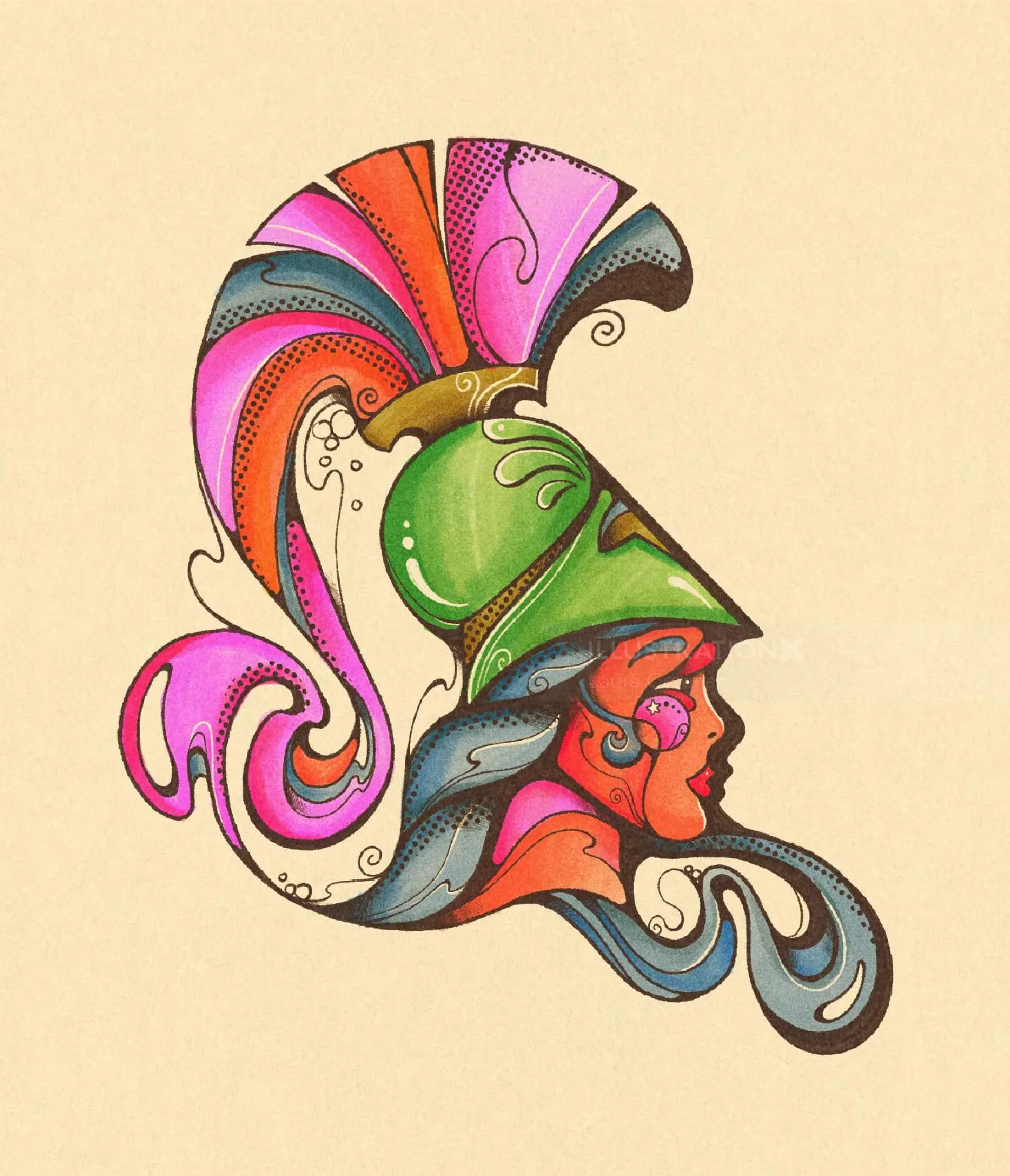 Colorful retro portrait of Athena by Laura Greenan, wearing a plumed helmet