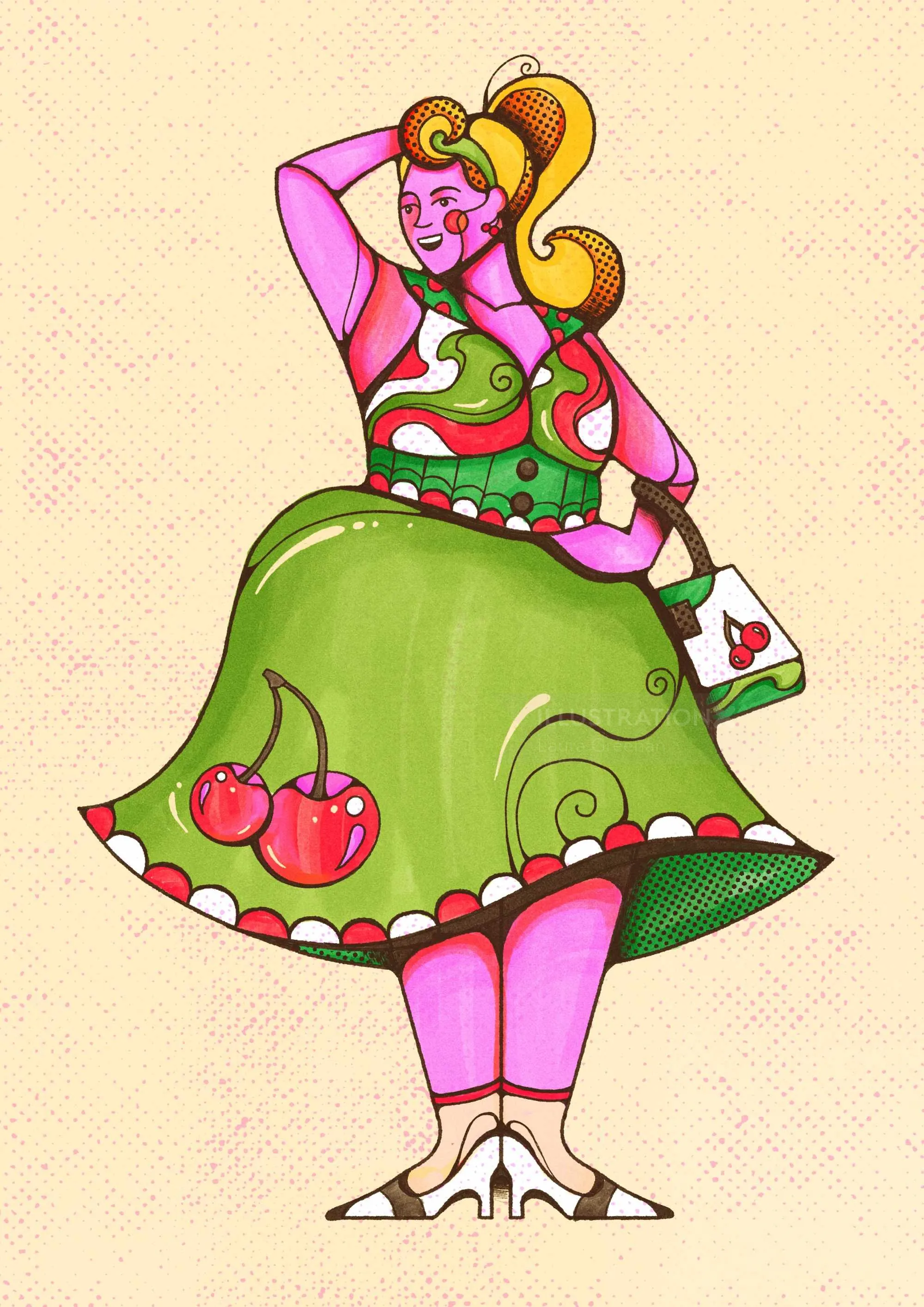 Laura Greenan Illustration einer Plus-Size-Frau in einem Kleid mit Kirschmuster