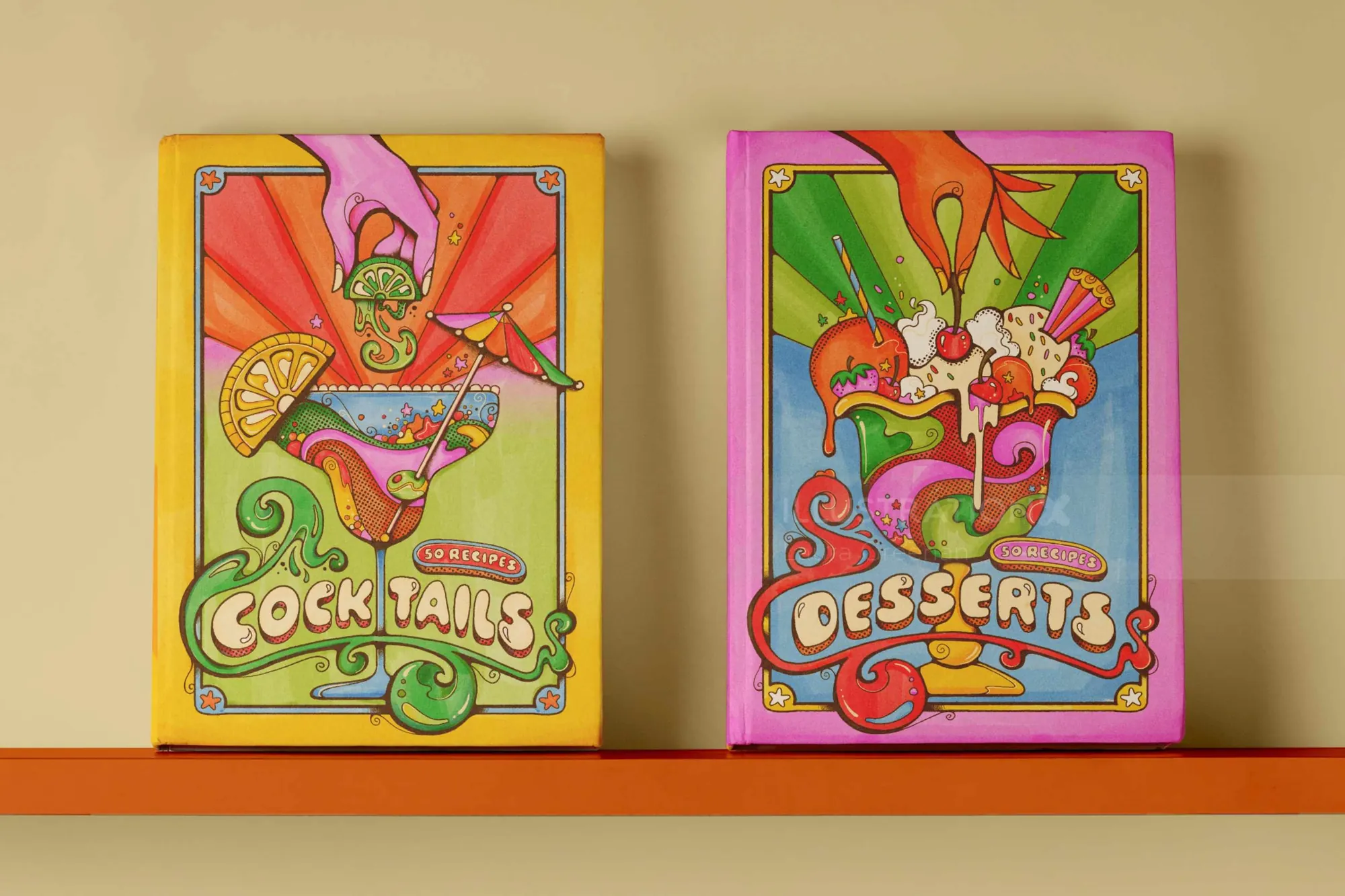 Couvertures de livres de recettes de cocktails et de desserts illustrées dans le style des années 1960 par Laura Greenan