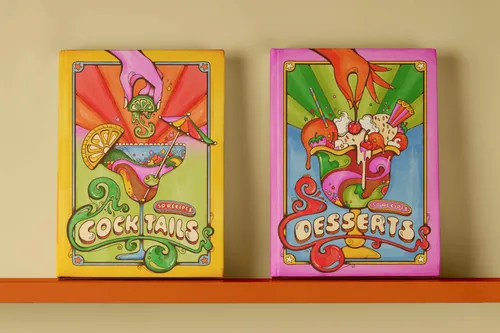 Couvertures de livres de recettes de cocktails et de desserts illustrées dans le style des années 1960 par Laura Greenan