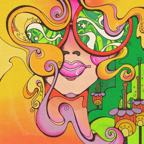 Psychedelic woman with sunglasses and swirling hair by Laura Greenan