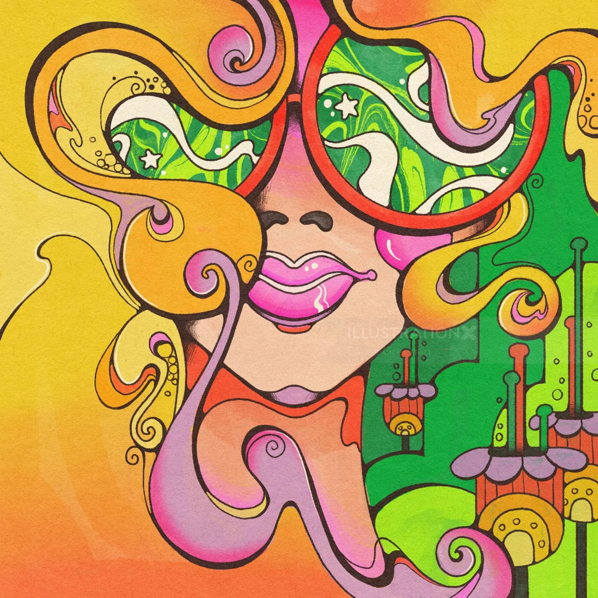 Psychedelic woman with sunglasses and swirling hair by Laura Greenan