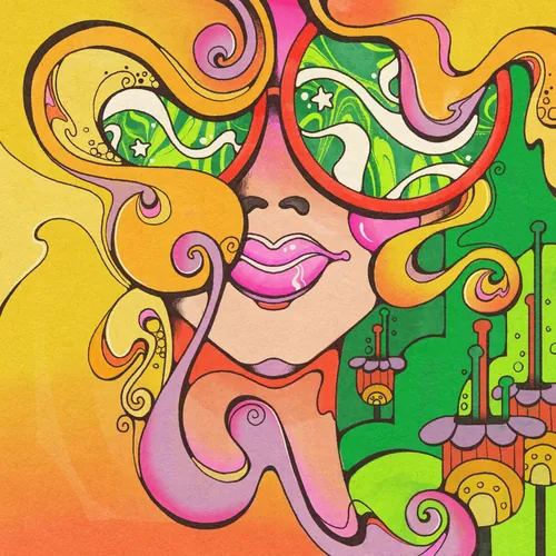 Psychedelic woman with sunglasses and swirling hair by Laura Greenan
