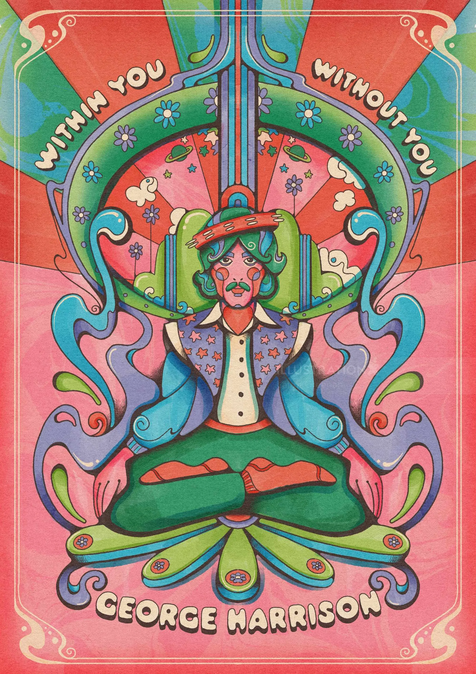 Laura Greenan portrait of George Harrison in colorful psychedelic 1960s style