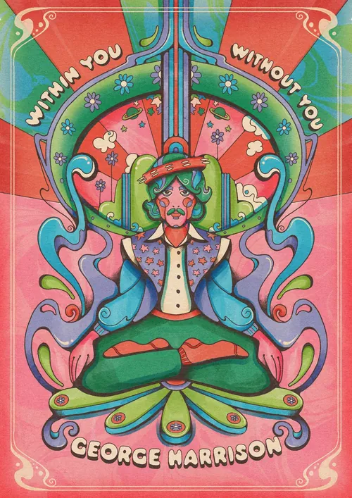 Laura Greenan portrait of George Harrison in colorful psychedelic 1960s style