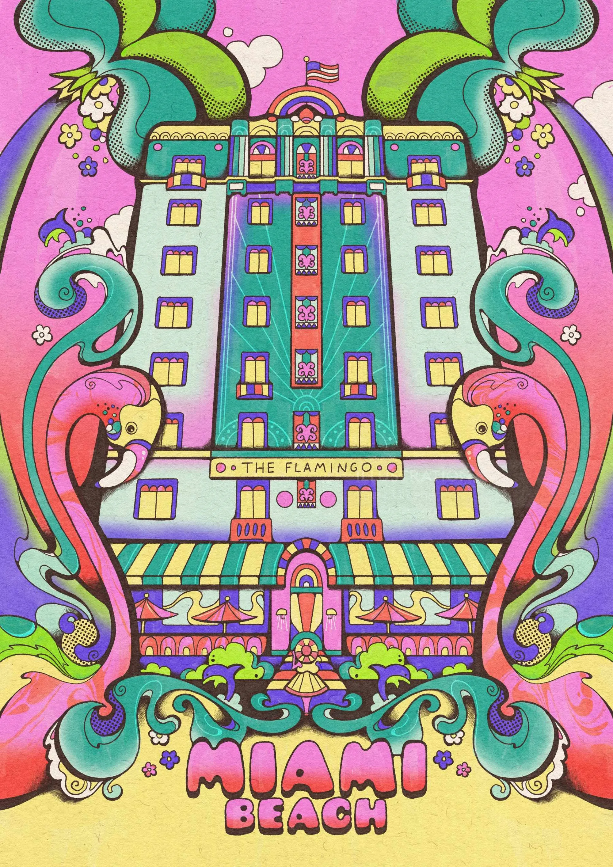 Ilustração colorida do Hotel Flamingo em estilo Art Déco por Laura Greenan