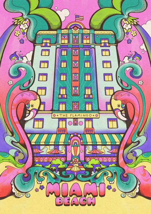 Colorful Art Deco Flamingo Hotel illustration by Laura Greenan
