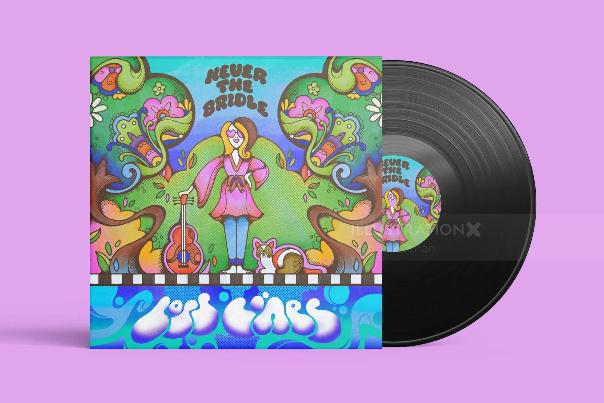 Laura Greenan album artwork for Never The Bridle with a cat, trees, and vinyl record