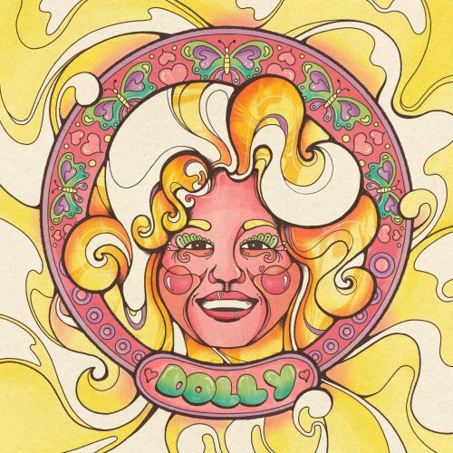 Laura Greenan illustration of Dolly Parton with swirling blonde hair and butterflies
