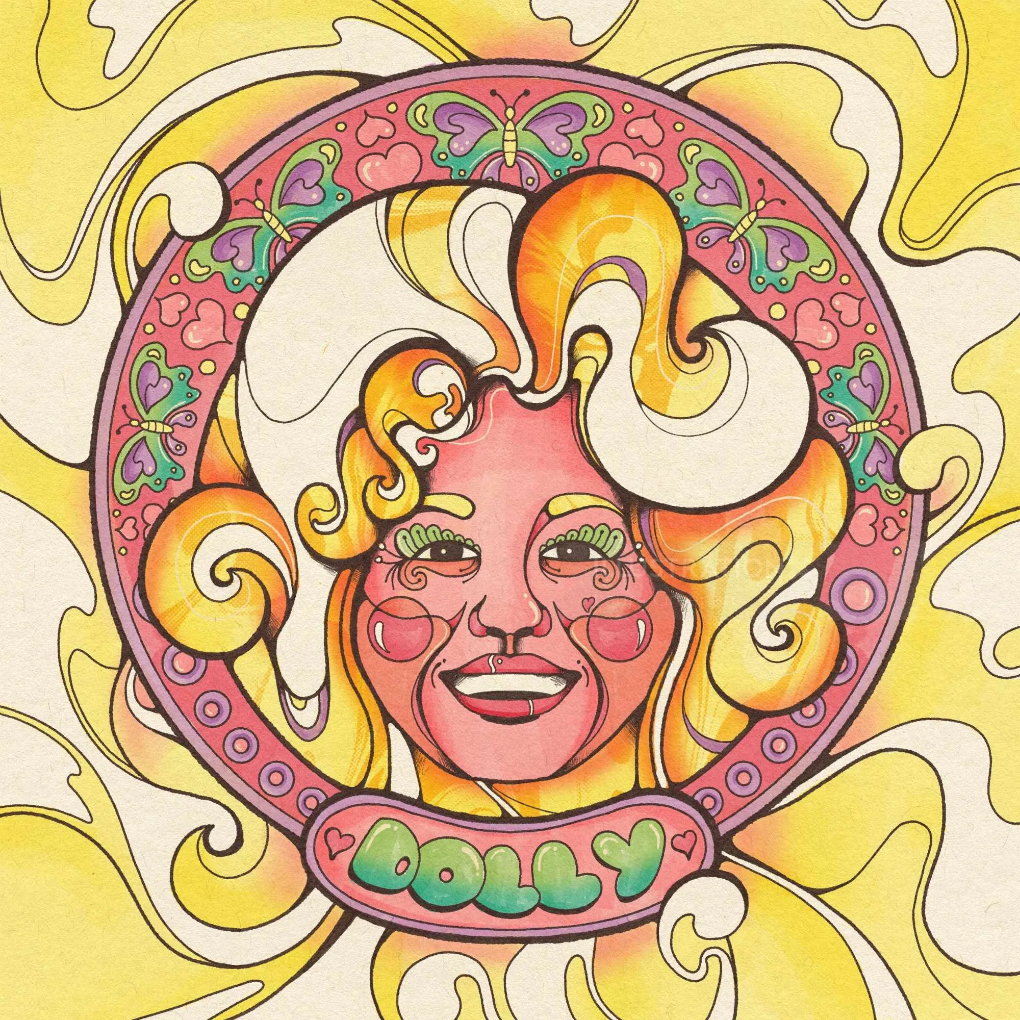 Laura Greenan 多莉·帕顿的插图，她有着飘逸的金发和蝴蝶