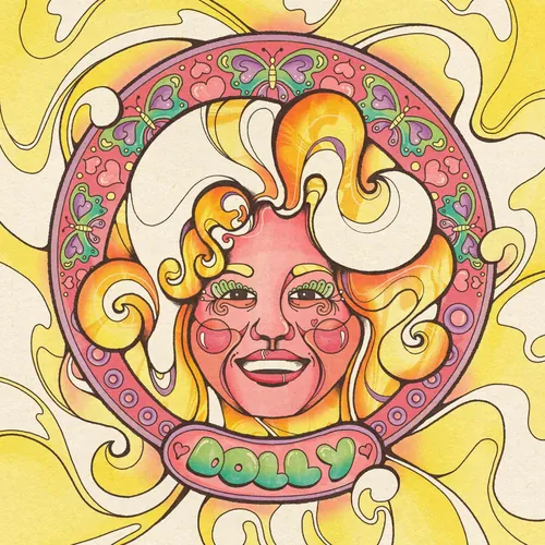 Laura Greenan illustration of Dolly Parton with swirling blonde hair and butterflies