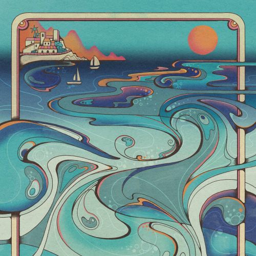 Laura Greenan illustration of Antibes with swirling sea and a bright sun