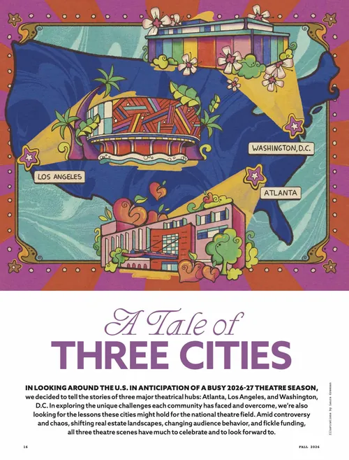 Laura Greenan illustration of theatres in Los Angeles, Atlanta, and Washington, DC