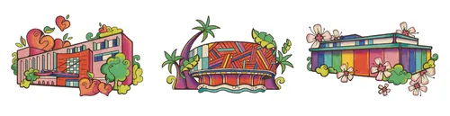 Laura Greenan illustration of three colorful theatres in a city map
