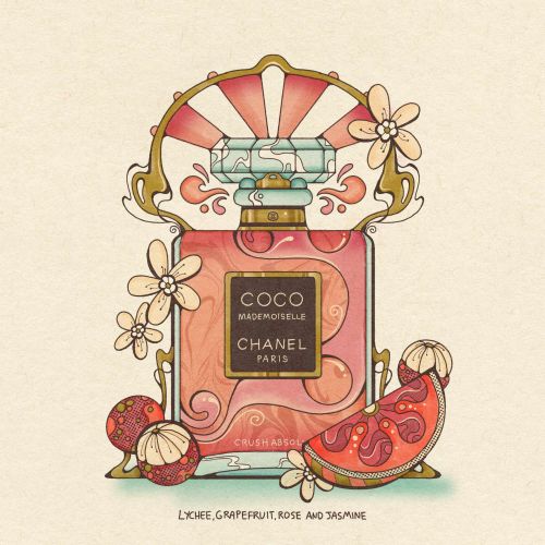 Laura Greenan illustration of Chanel Coco Mademoiselle perfume with fruit and flowers