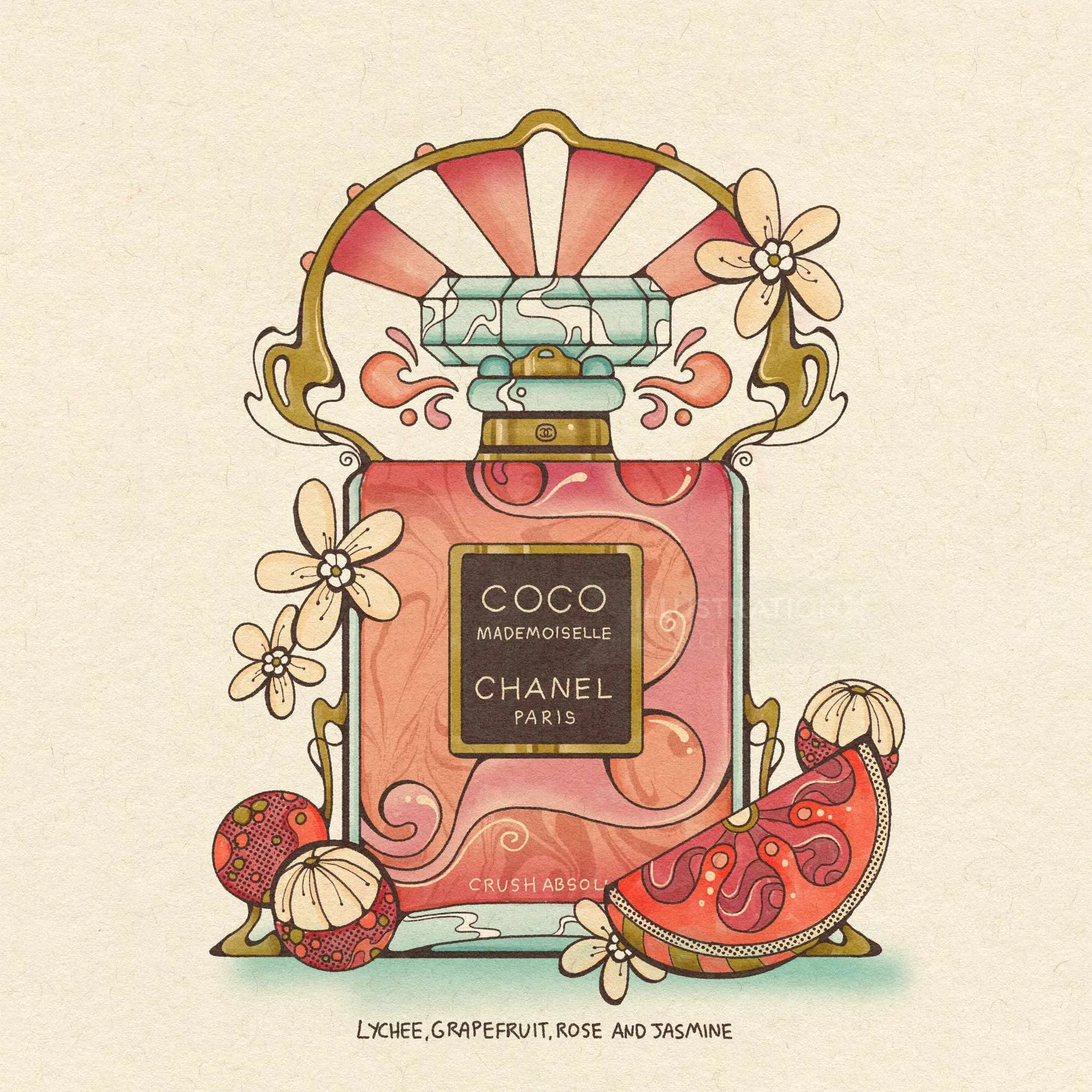 Ilustración del perfume Chanel Coco Mademoiselle con frutas y flores.