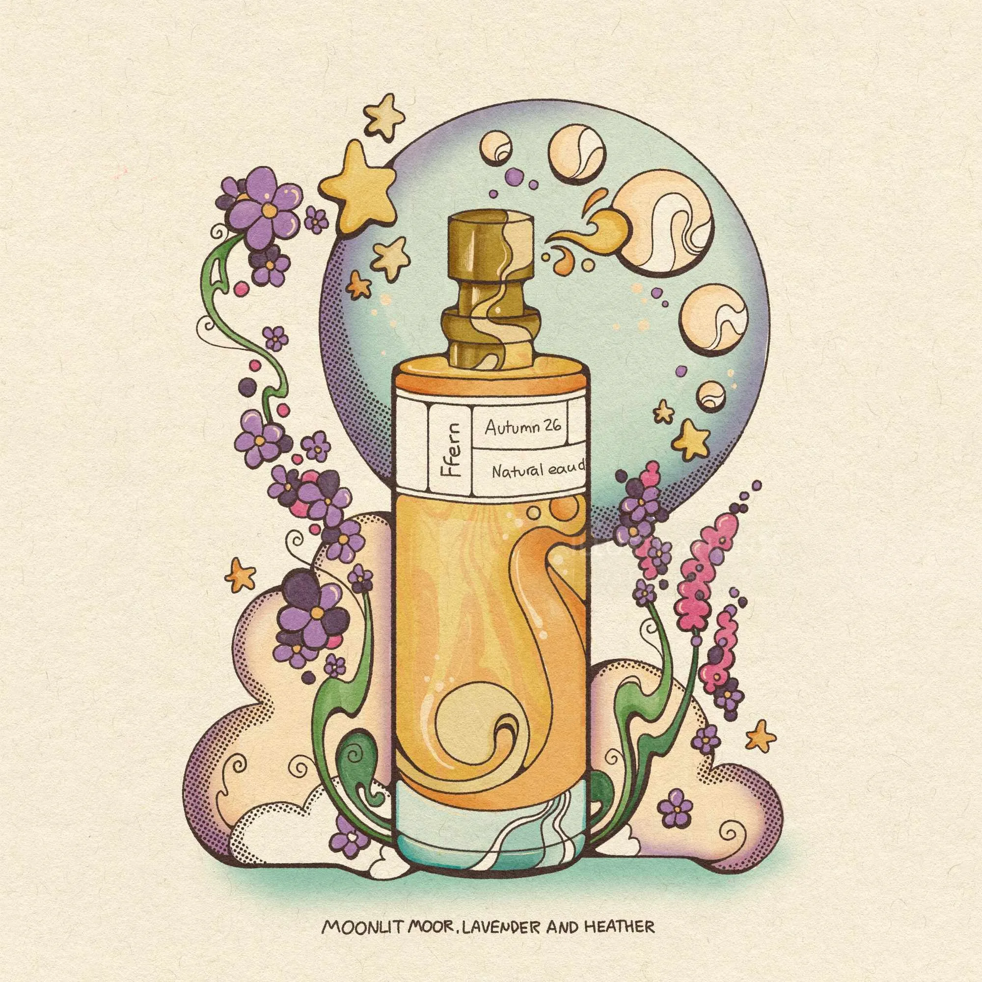 Frasco de perfume Ffern con lavanda y flores, ilustrado por Laura Greenan